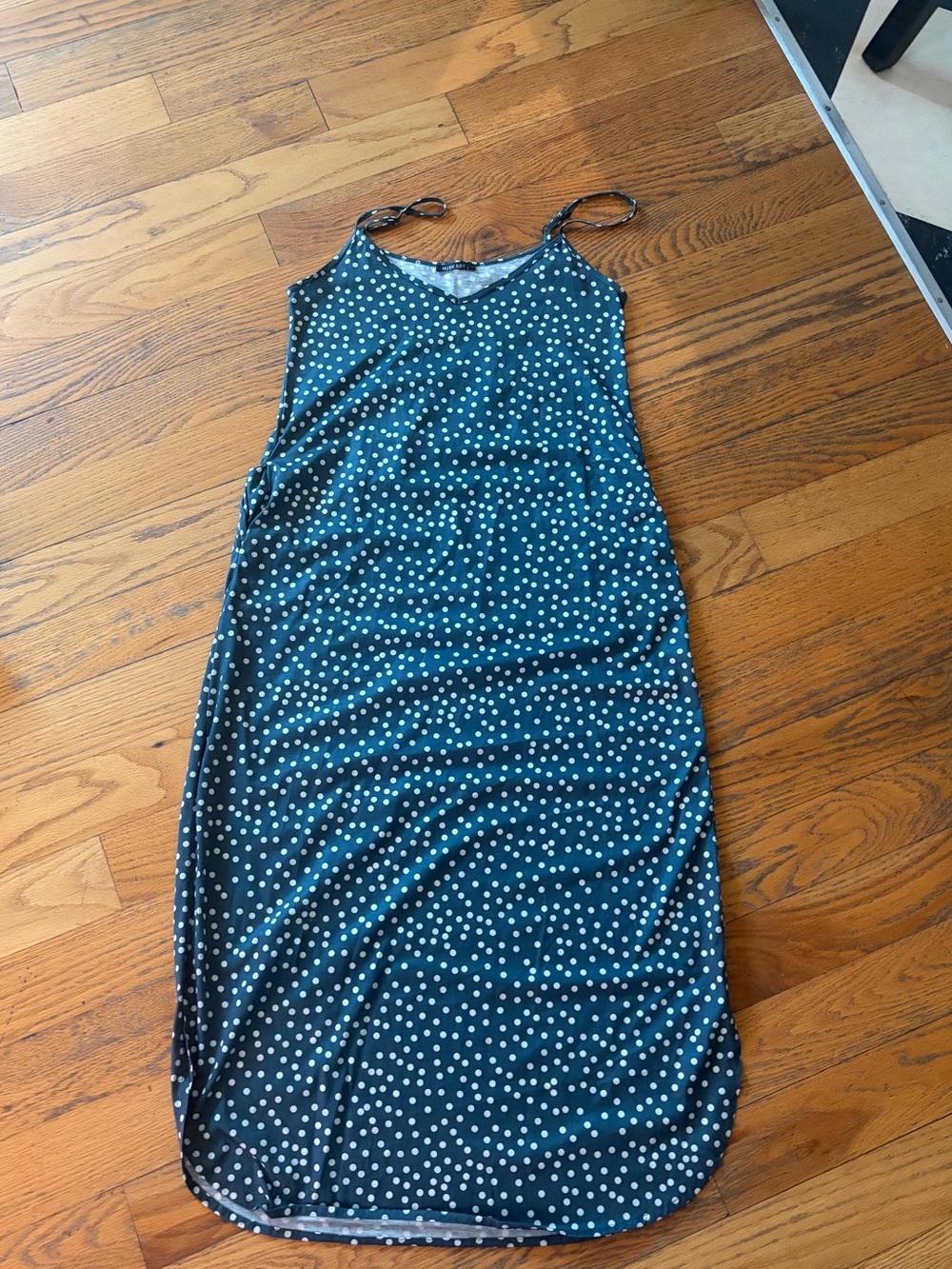 Teal Polka Dot Maxi Slip Dress with Thin Straps and Pockets